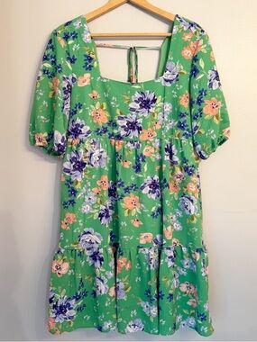 Girls Floral Square-Neck Green Dress